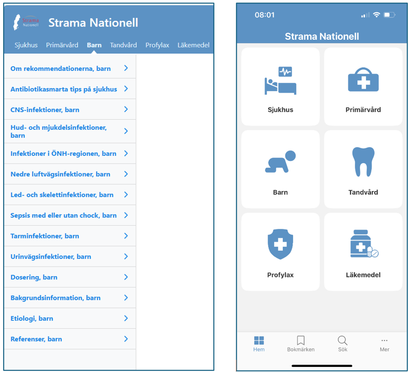 Strama Nationell - webbsida (flik Barn) till vänster och appvy till höger.