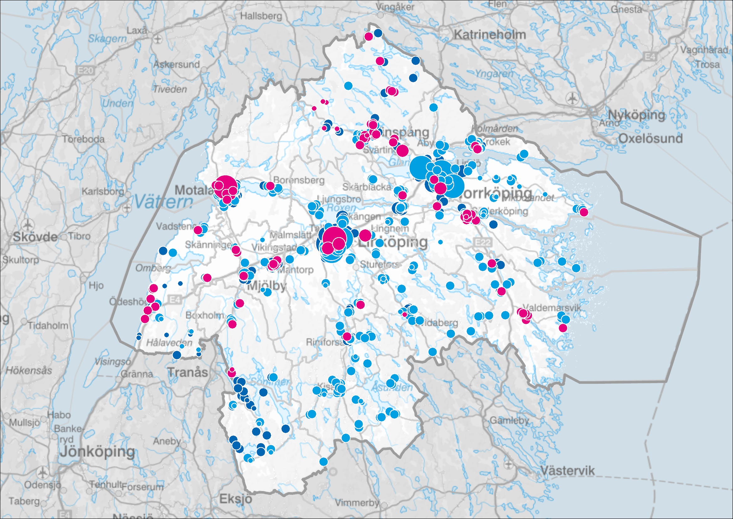 RegionAtlas - interaktiv webbkarta som här visar bebyggelse i Östergötland